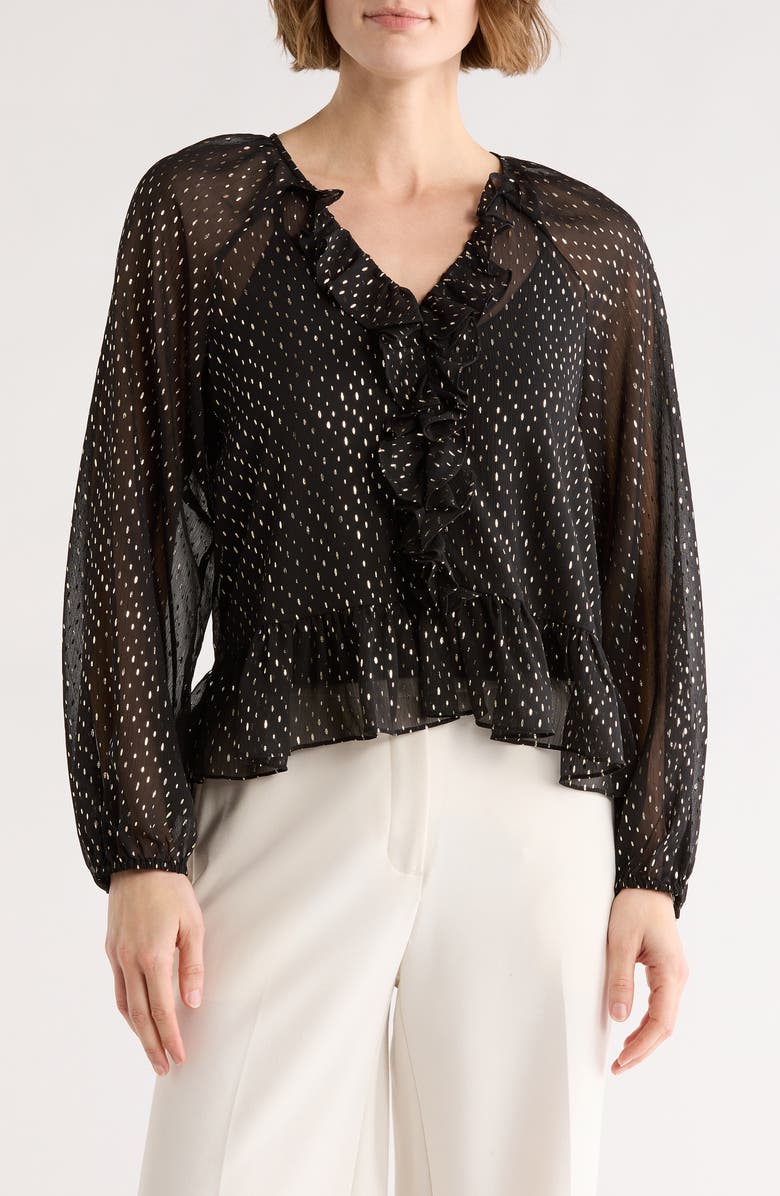 Vince Camuto Metallic Print Ruffle Sleeve Chiffon Top, Main, color, Rich Black