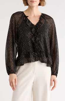 Vince Camuto Metallic Print Ruffle Sleeve Chiffon Top