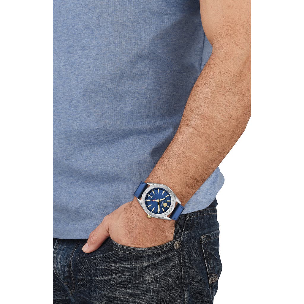 Versace V-code Gmt Leather Strap Watch, 42mm In Blue-silver