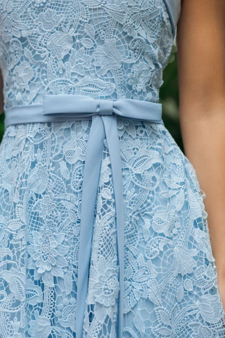 Embroidered Lace Strapless Midi Dress With Bow Detail, Alternate, color, Powder Blue