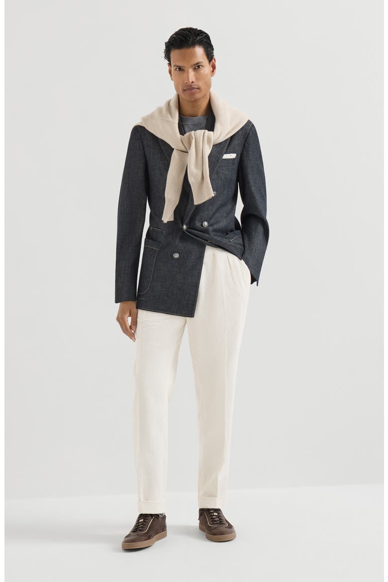 Garment-dyed trousers in cotton corduroy with reversed double pleats and waist tabs, Alternate, color, White