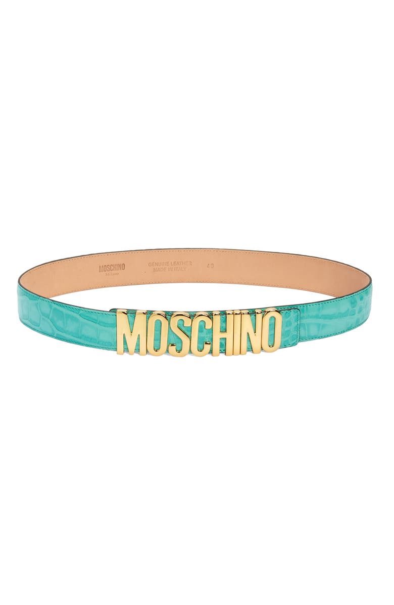 Moschino Large Logo Croc Embossed Leather Belt, Main, color,