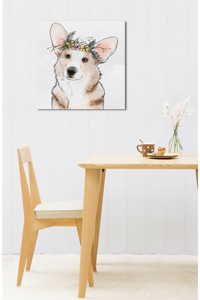 Floral Crown Corgi Canvas Wall Art, Alternate, color, WHITE