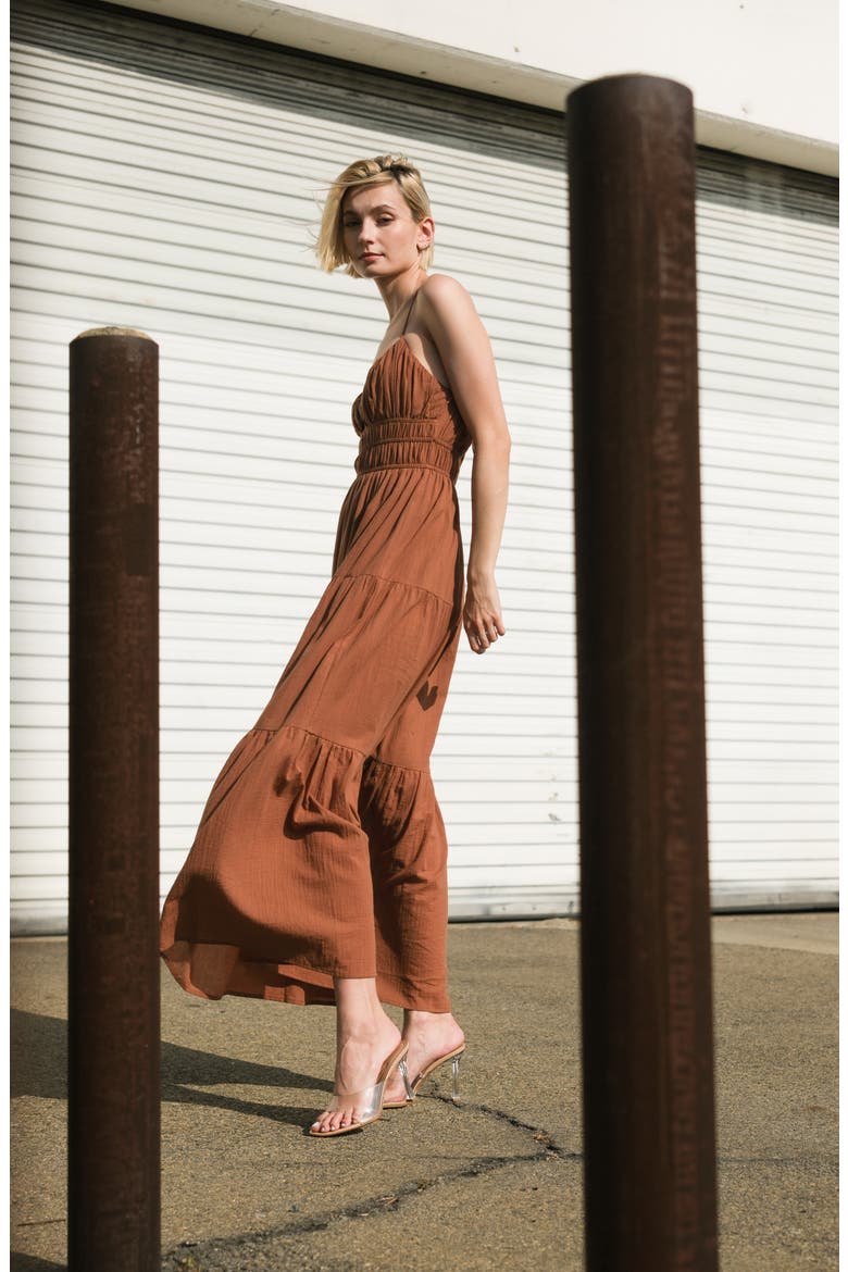 Solid Tiered Cotton Maxi Sundress, Alternate, color, BROWN