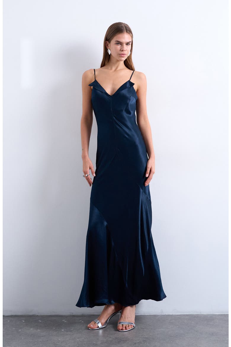 Folded Neck Satin Slip Maxi Dress, Main, color, NAVY