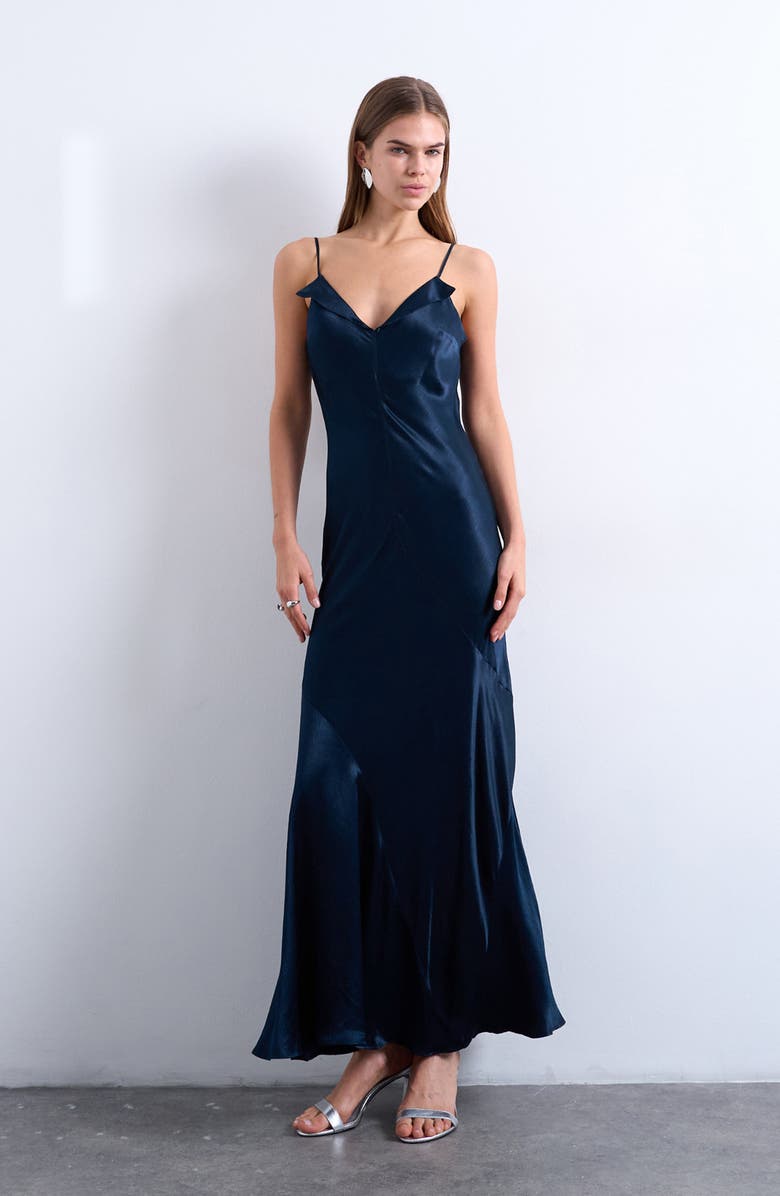 Topshop Folded Neck Satin Slip Maxi Dress, Main, color, Navy