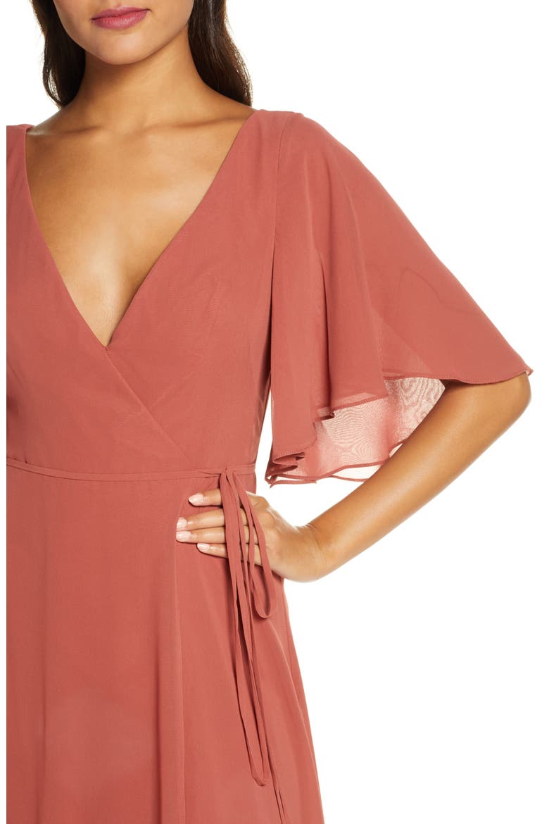 Ari Flutter Sleeve Faux Wrap Evening Gown, Alternate, color, ENGLISH ROSE