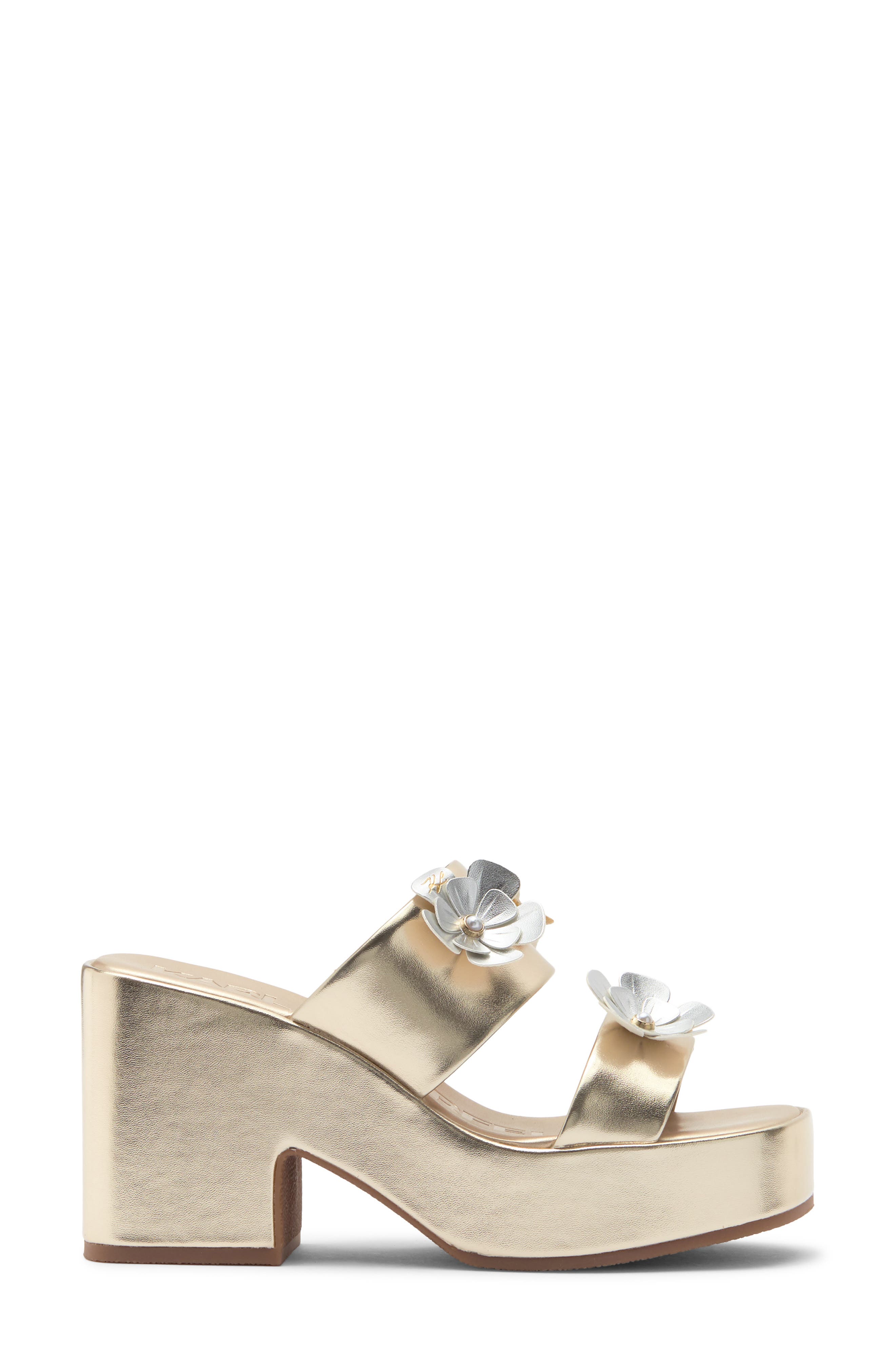 KARL LAGERFELD PARIS Moracco Flower Platform Slide Sandal, Alternate, color, White Gold