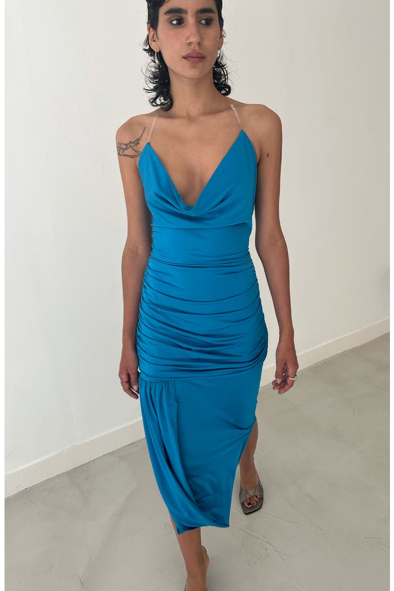 Romy Draped Midi Halterneck Dress, Alternate, color, Bright Blue