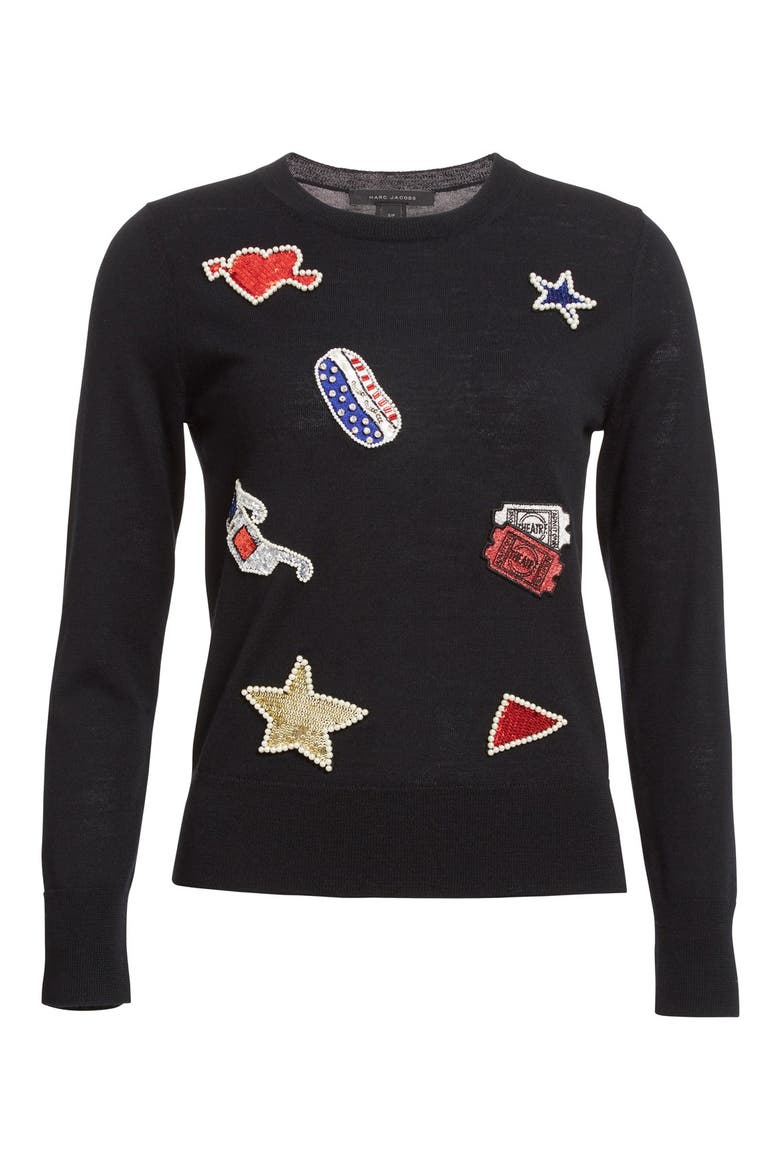 Embroidered Patch Wool Sweater, Alternate, color, BLACK