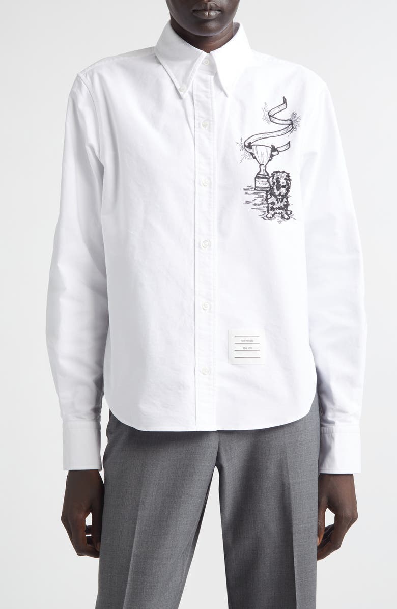 Thom Browne Embroidered Cotton Poplin Button-Down Shirt, Main, color, White