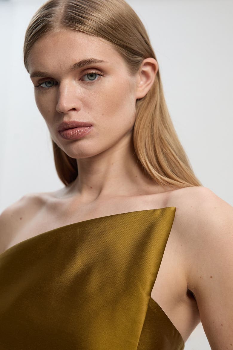 Satin Twill Asymmetric Neck Midi Dress, Alternate, color, Gold