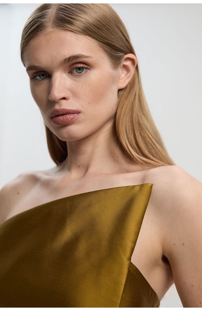 Karen Millen Satin Twill Asymmetric Neck Midi Dress, Alternate, color, Gold