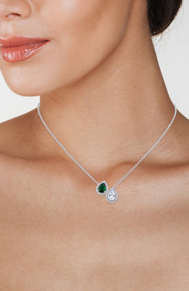 CZ by Kenneth Jay Lane Pear Shape Cubic Zirconia Double Pendant Necklace, Alternate, color, Green/ Silver