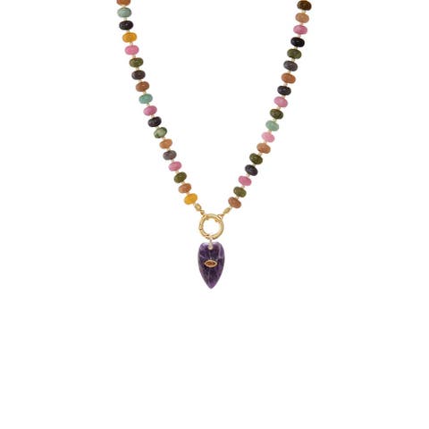 Evil Eye Elongated Heart Pendant Beaded Clicker Necklace