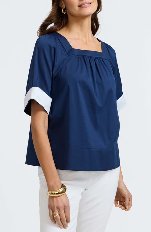 Shop Foxcroft Violet Square Neck Cotton Blend Top In Navy