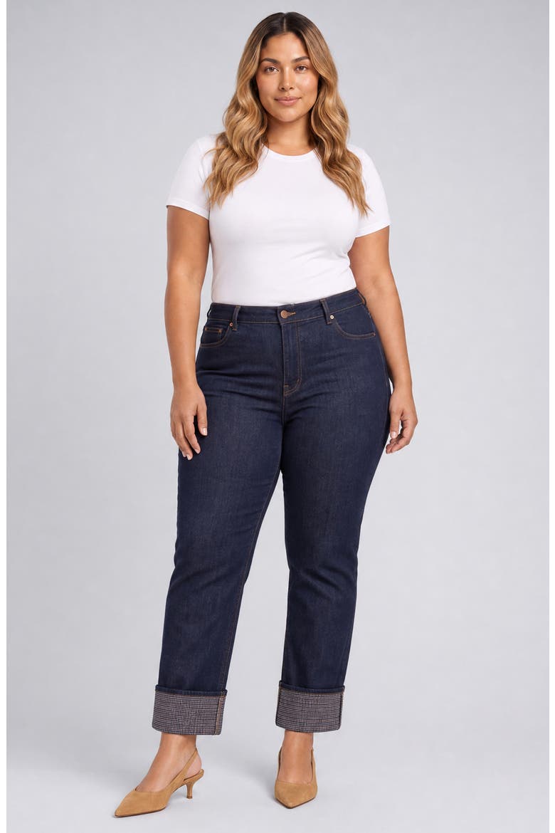 Kasey High Waist Plaid Cuff Ankle Stovepipe Jeans, Alternate, color, RINSE