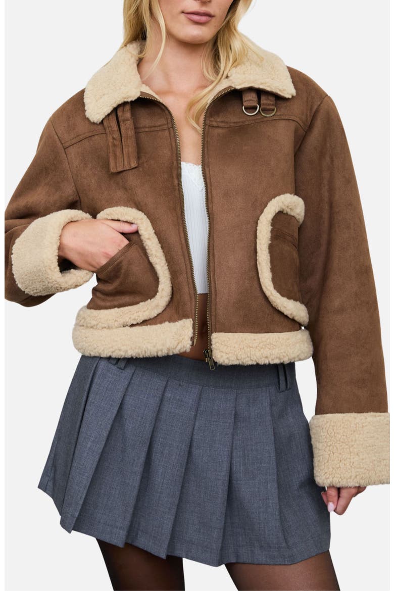 Faux Shearling Trim Faux Suede Jacket, Alternate, color, BROWN MULTI