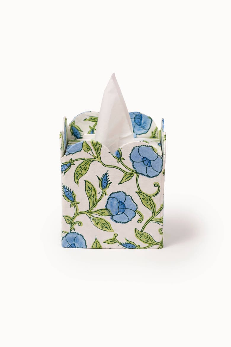 Block Print Tissue Box Cover Collapsible, Main, color, Inaya Powder Blue