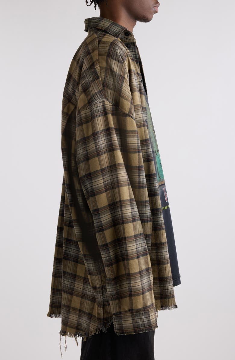 Balenciaga Layered Plaid Distressed Paris Liberty Graphic Top, Alternate, color, Light Khaki