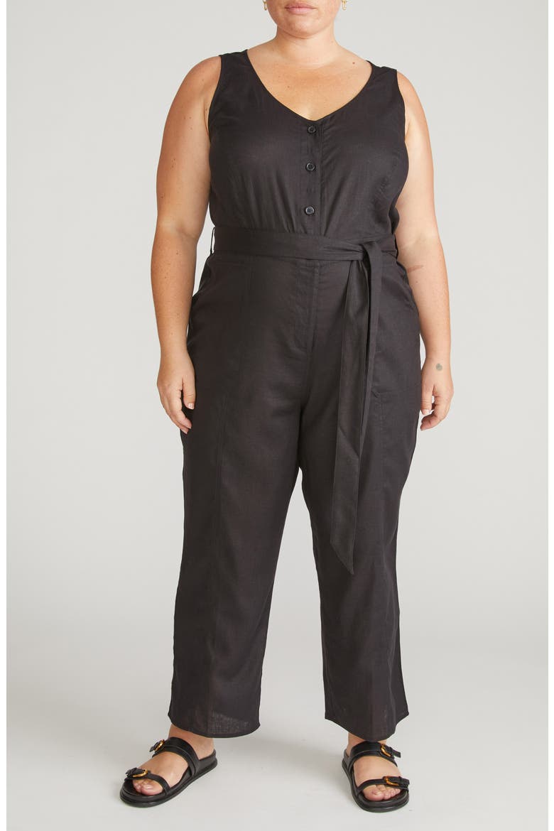 Sleeveless Tie Waist Linen Jumpsuit, Main, color, BLACK