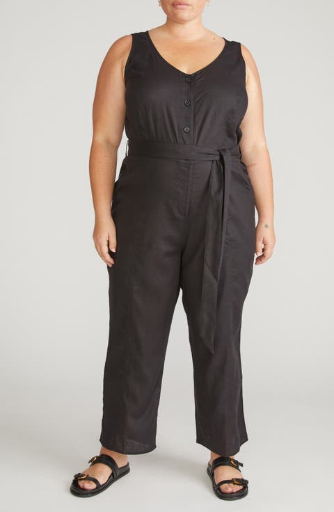 Sleeveless Tie Waist Linen Jumpsuit (Plus)