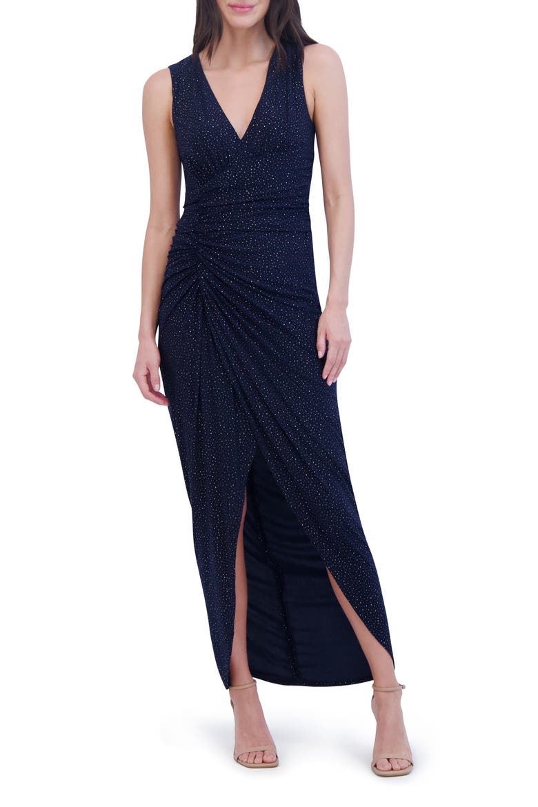 Shirred Rhinestone Detail Sleeveless Gown, Main, color, NAVY