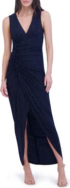 Vince Camuto Shirred Rhinestone Detail Sleeveless Gown