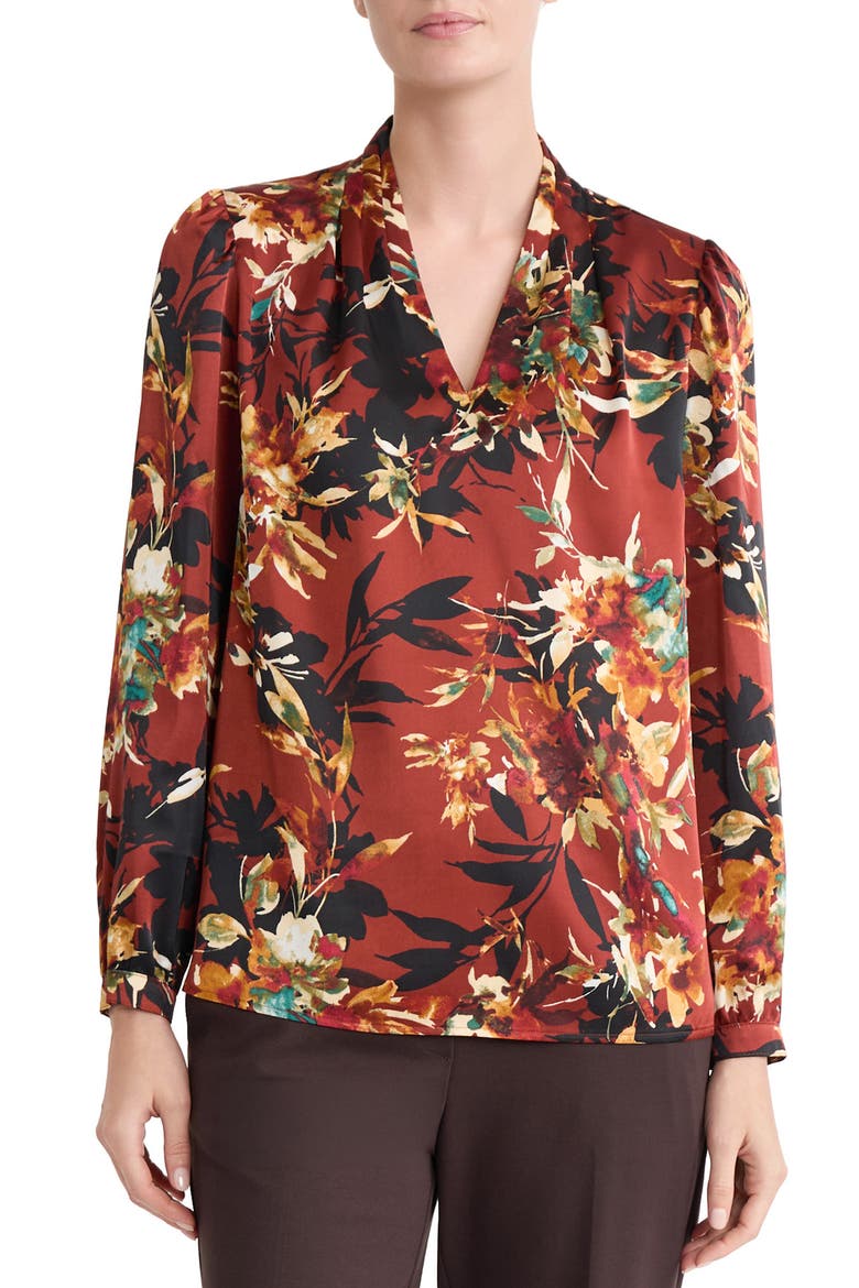 Floral Print Satin Top, Main, color, SEPIA SPICE MULTI