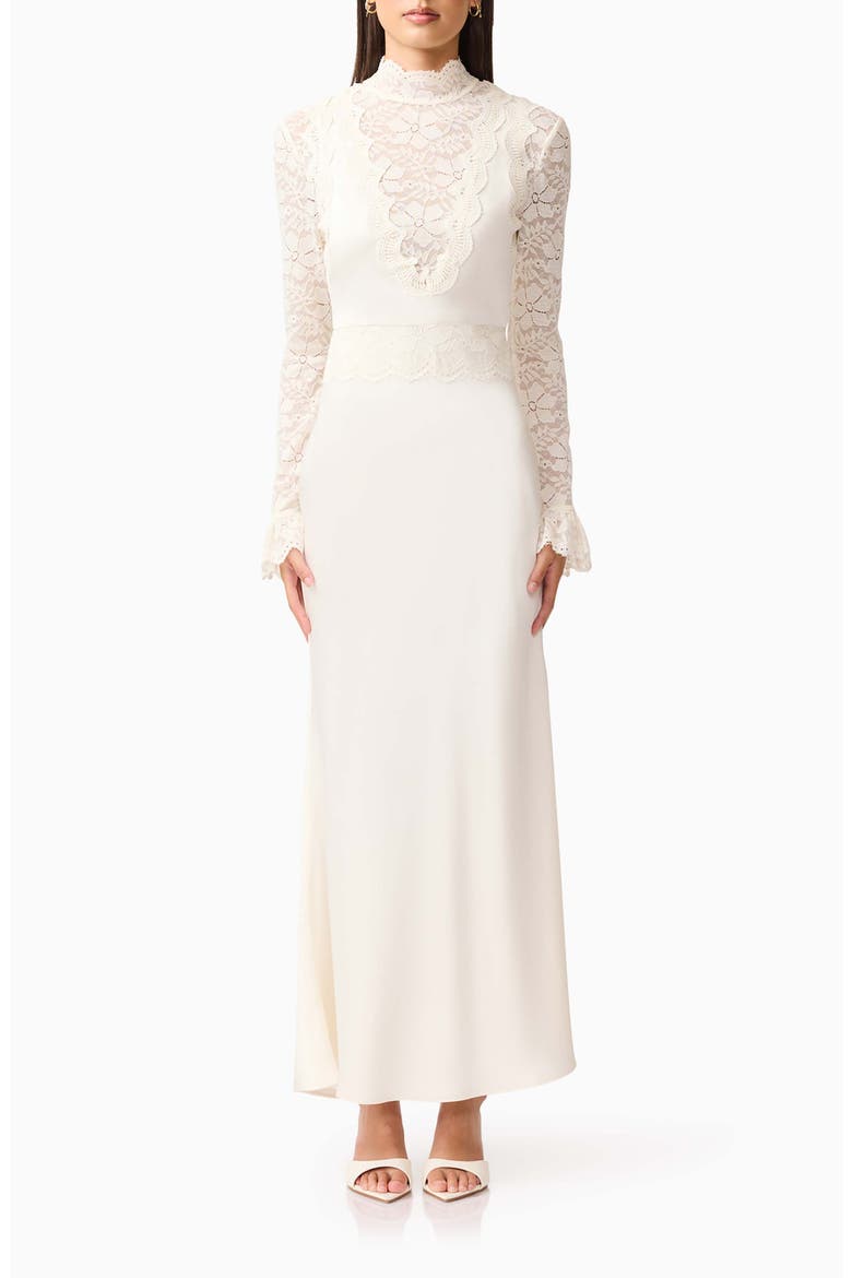 Margot Lace Inset Long Sleeve Gown, Main, color, IVORY