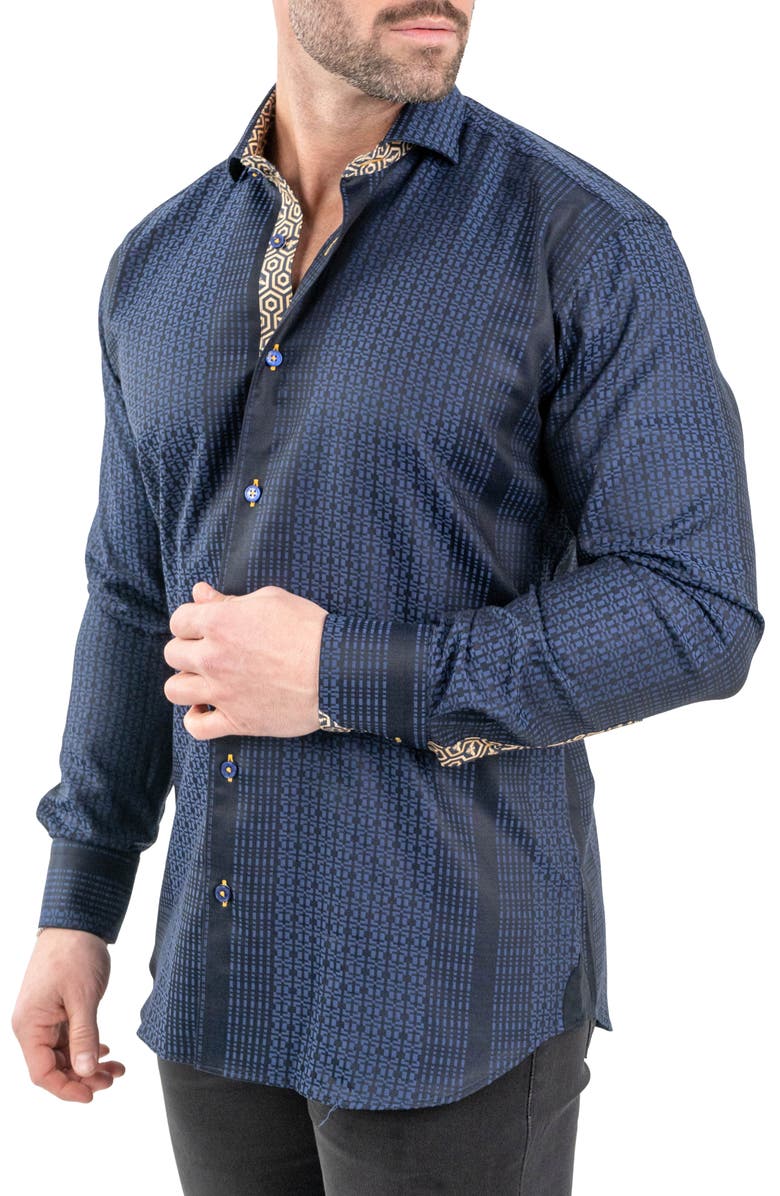 Maceoo Einstein Jacqhoneythree Blue Contemporary Fit Cotton Blend Button-Up Shirt, Alternate, color,