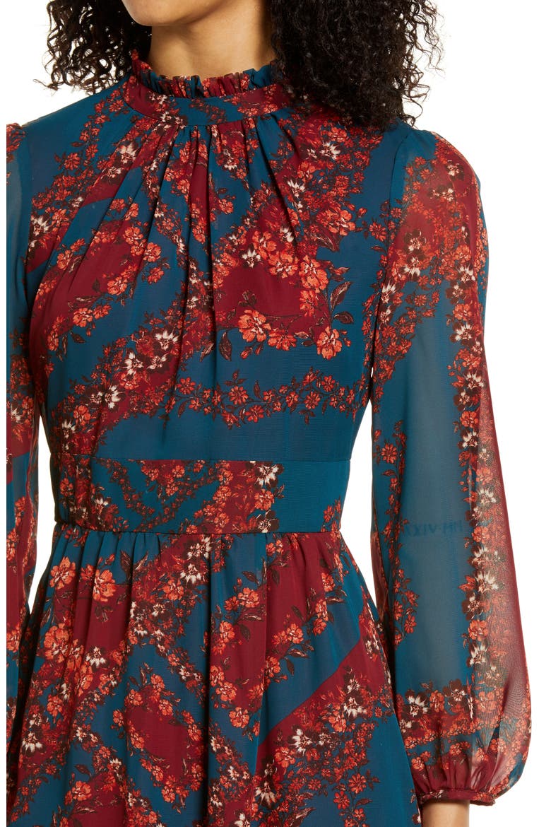 Floral Long Sleeve A-Line Midi Dress, Alternate, color, TEAL MULTI