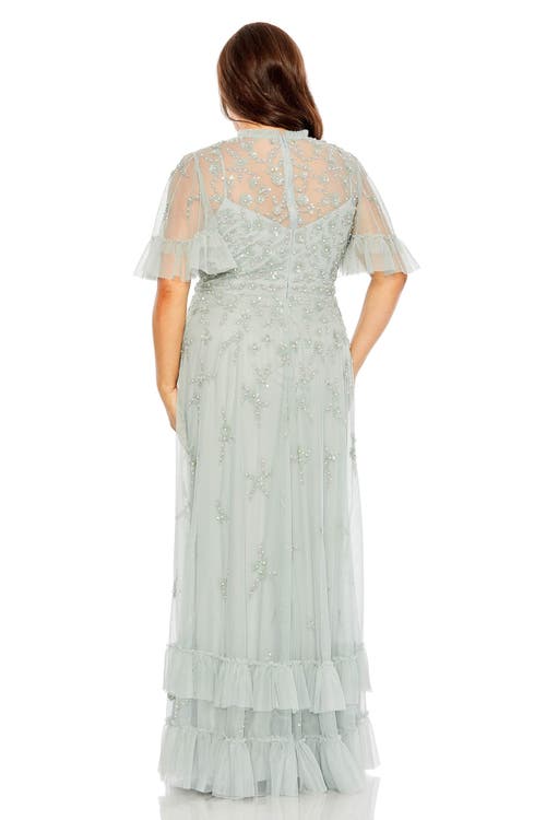 Mac Duggal Ruffled Floral Embellished Flutter Sleeve A Line Gown In Sage