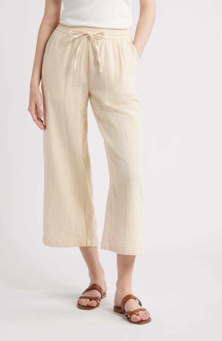 Caslon<sup>®</sup> Wide Leg Crop Cotton Gauze Pants, Main, color, Beige Burnt