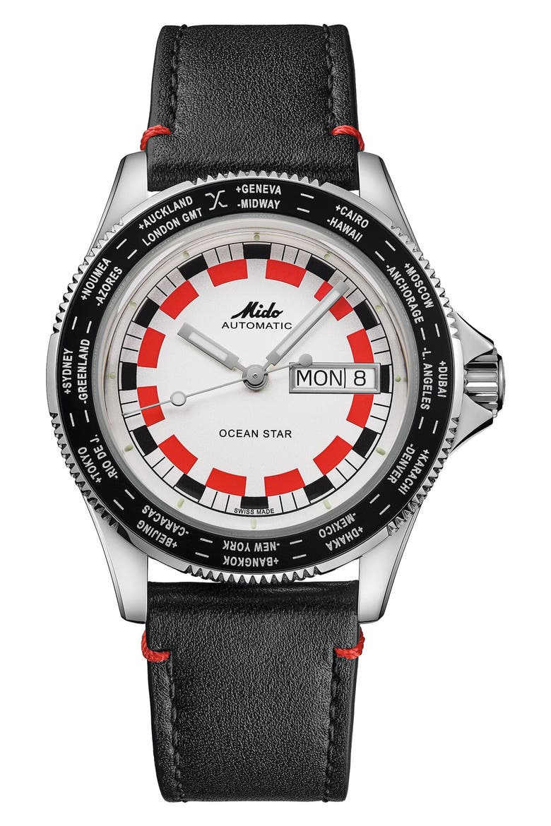 Ocean Star Worldtimer Automatic Leather Strap Watch, 40.5mm, Main, color, RED