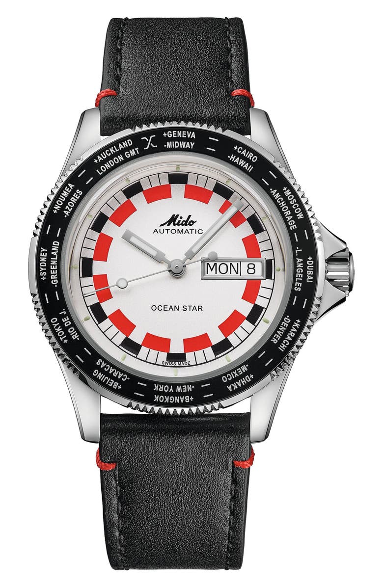 MIDO Ocean Star Worldtimer Automatic Leather Strap Watch, 40.5mm, Main, color, 