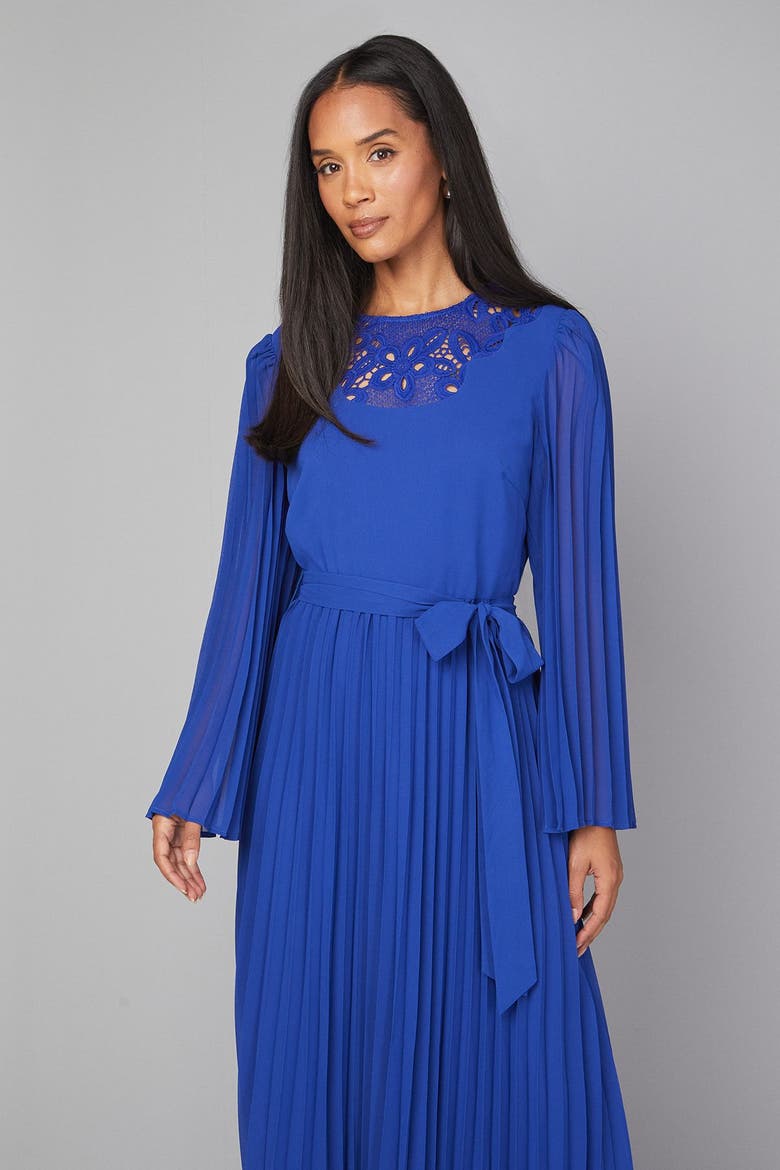 Pleated Floral Trim Midi Dress, Alternate, color, Cobalt