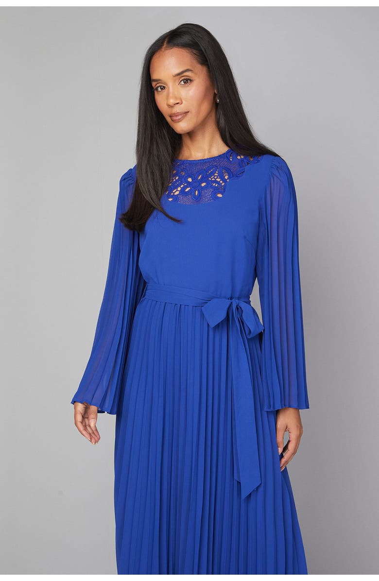 Wallis Pleated Floral Trim Midi Dress, Alternate, color, Cobalt