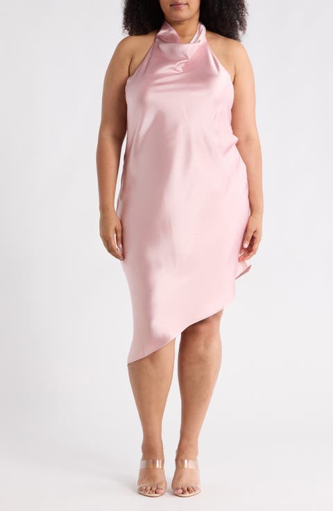 Halter Neck Asymmetric Satin Dress (Plus)