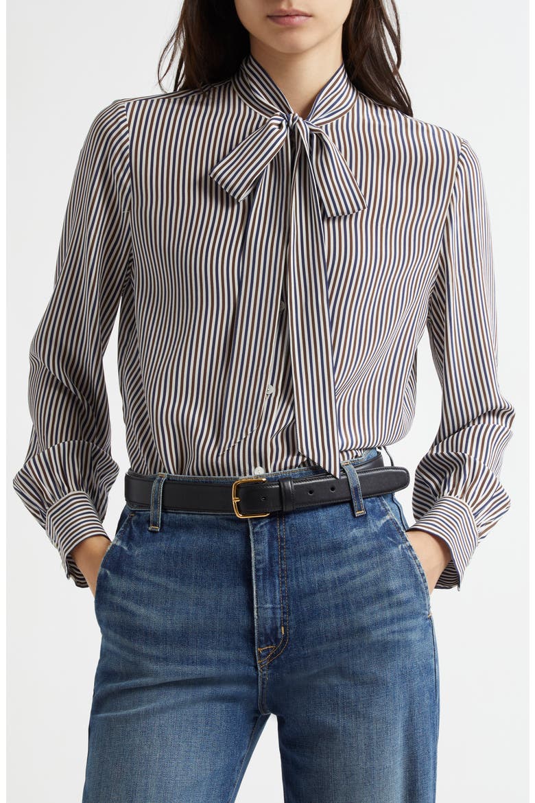 Irina Stripe Tie Neck Silk Button-Up Shirt, Main, color, IVY/ BROWN/ NAVY STRIPE