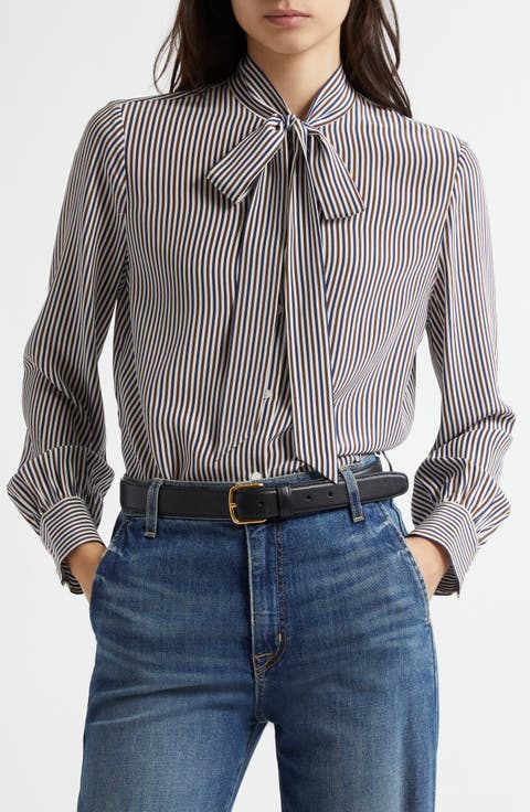 Irina Stripe Tie Neck Silk Button-Up Shirt