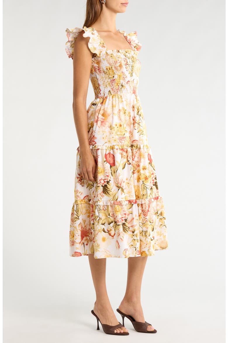 Emy Floral Zury Smocked Midi Dress, Alternate, color, IVORY/ CORAL MULTI