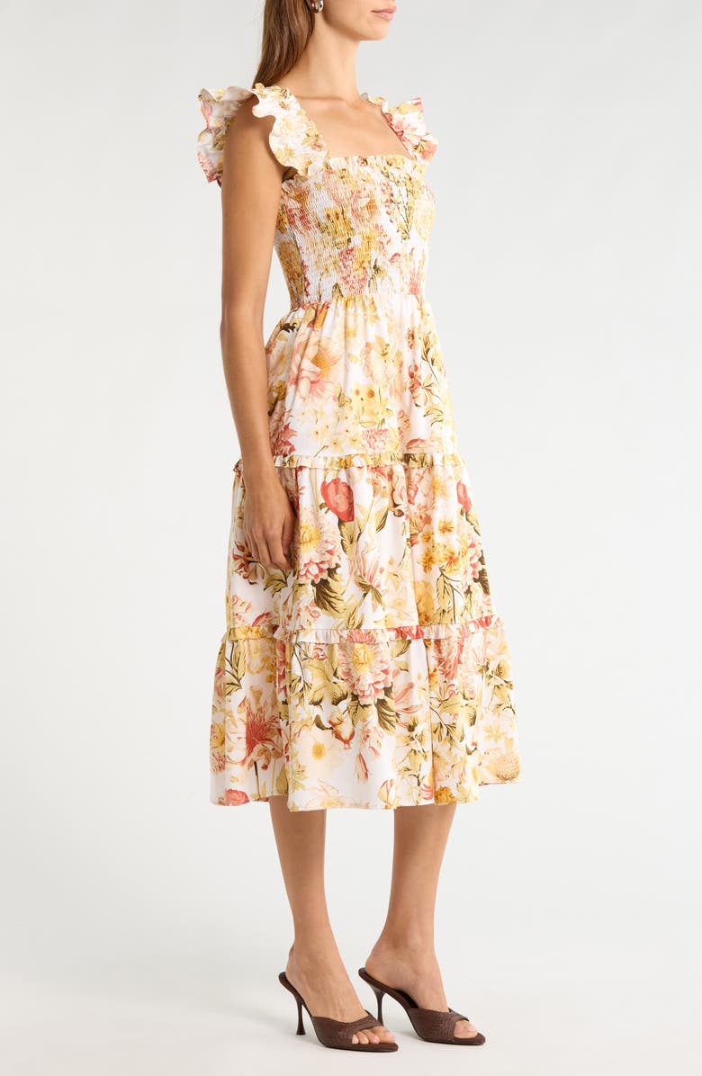SUGARLIPS Emy Floral Zury Smocked Midi Dress, Alternate, color, Ivory/ Coral Multi