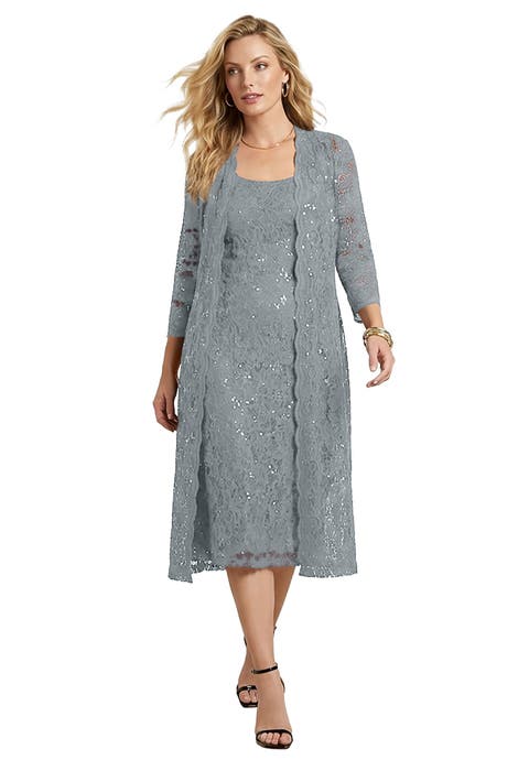 Plus Size 3/4 Sleeve Formal Duster Sequin Embellished Lace Dress Set (Plus)