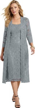 Roaman's Plus Size 3/4 Sleeve Formal Duster Sequin Embellished Lace Dress Set