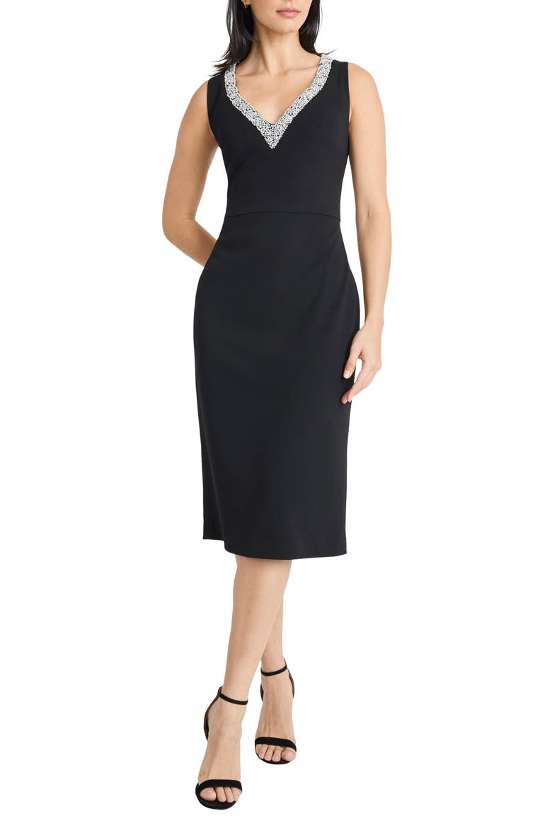 Rhinestone Detail Sheath Midi Dress, Main, color, BLACK