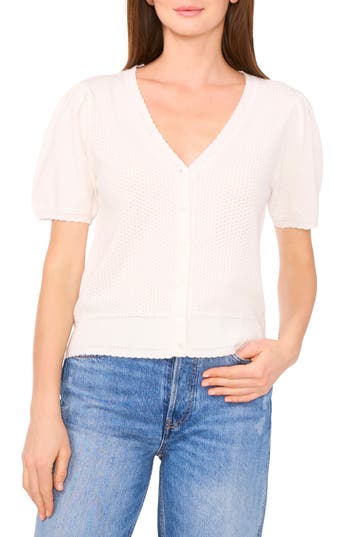 Cece Pointelle Knit Short Sleeve Cardigan In White