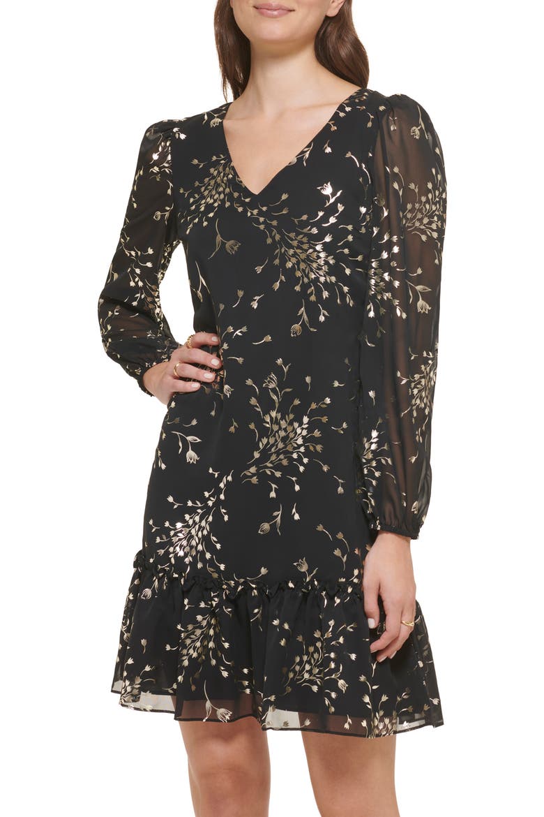 Foil Print Long Sleeve Dress, Alternate, color, BLACK / GOLD