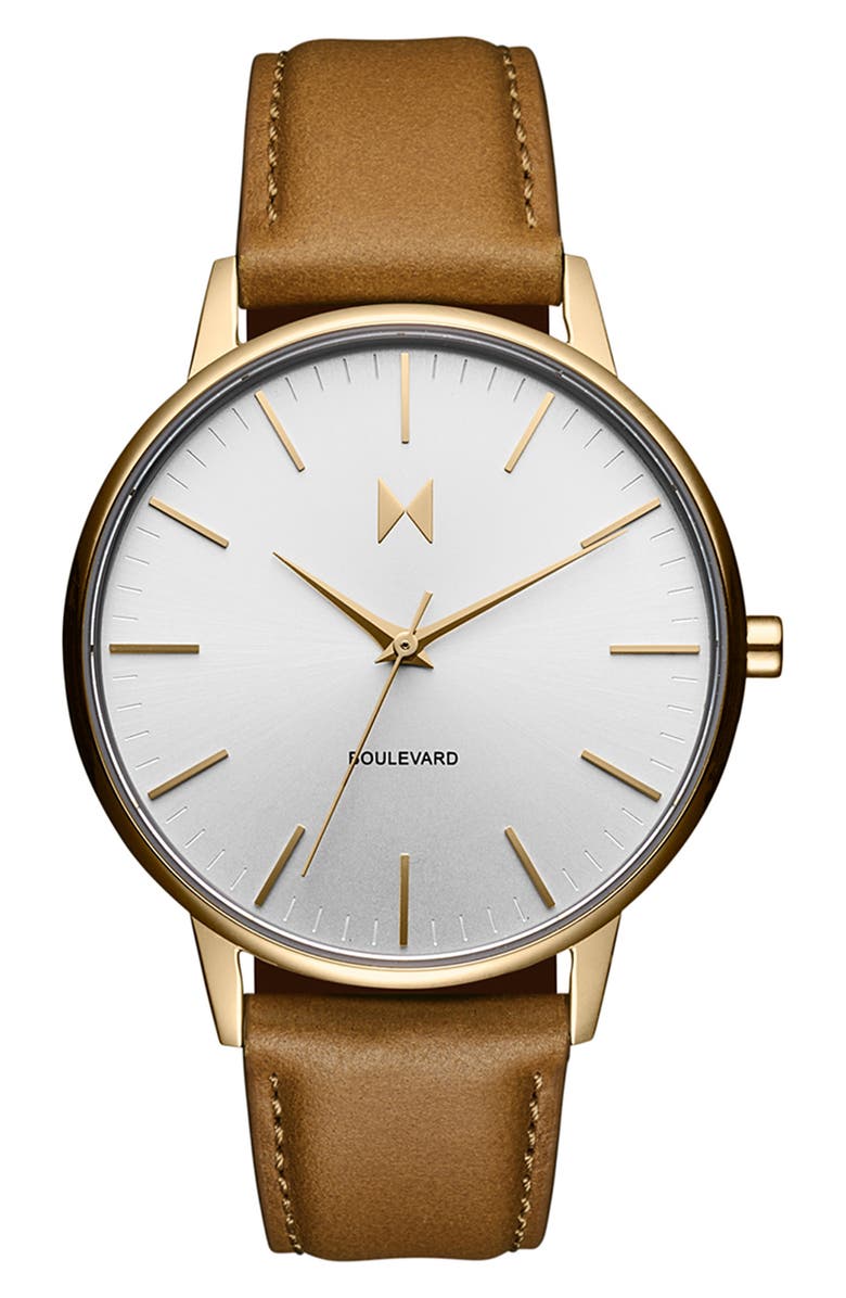 MVMT Boulevard Quartz Leather Strap Watch, 38mm, Main, color, White/ Tan