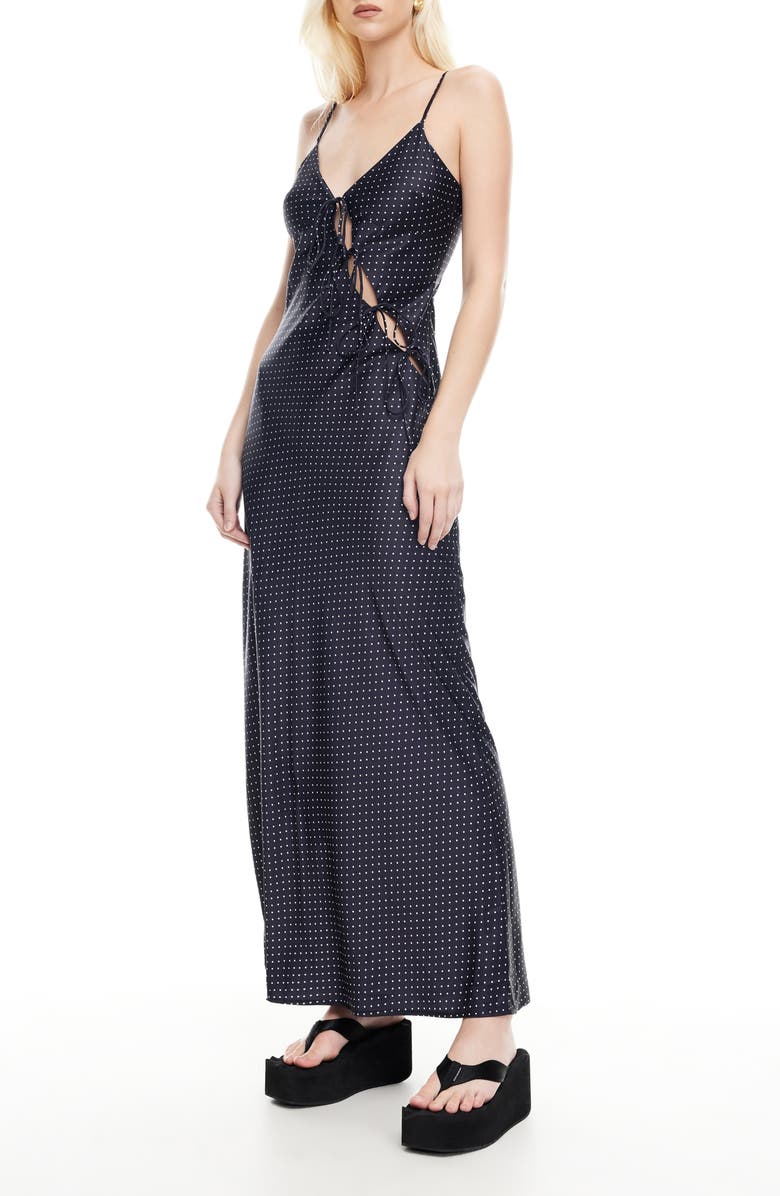 LIONESS About Polka Dot Cutotut Tie Detail Satin Slipdress, Alternate, color, Onyx Polka